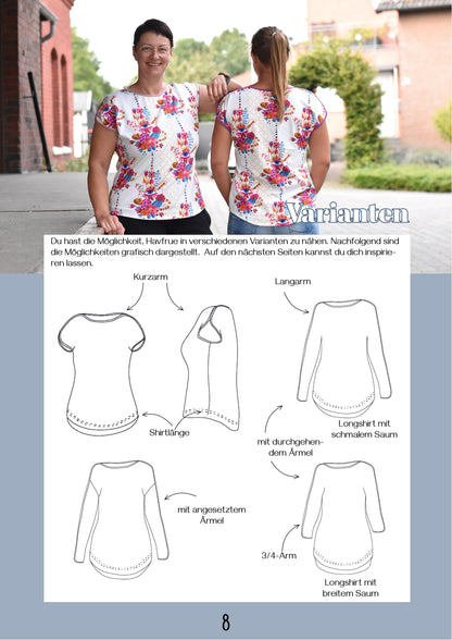 Havfrue - Kurz-, 3/4-, Langarmshirt mit U-Boot-Ausschnitt und Streifenversäuberung Gr. 30-50